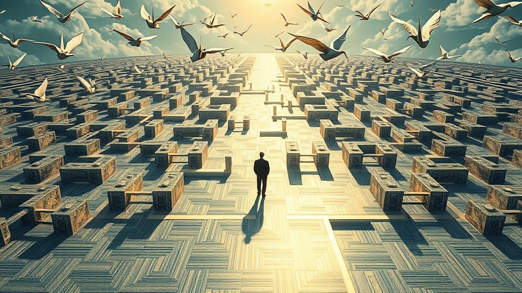 Chrome Labyrinth with Origami Cranes in Surreal Landscape