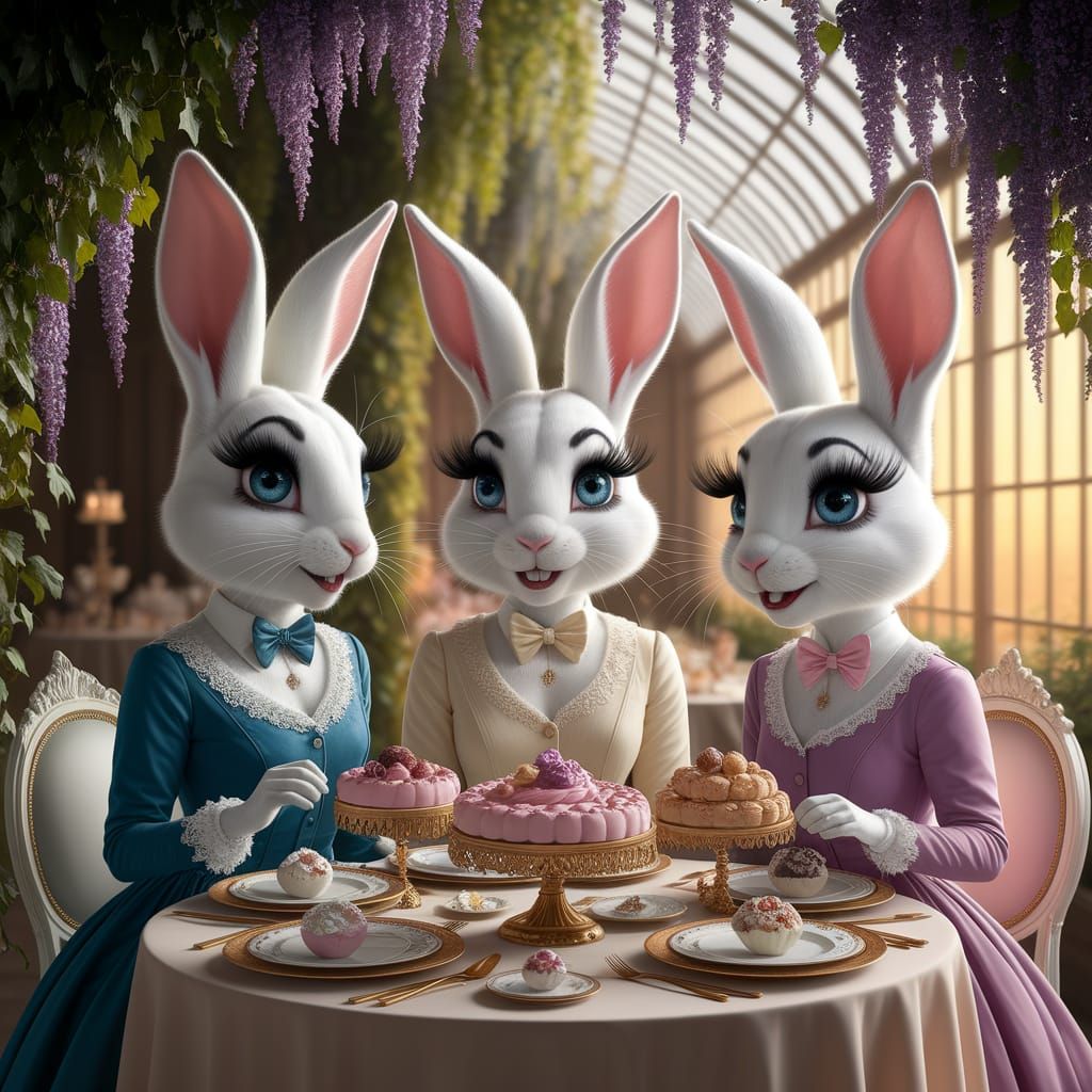 Elegant Rabbit Ladies Enjoy Tea Party in Sunlit Conservatory