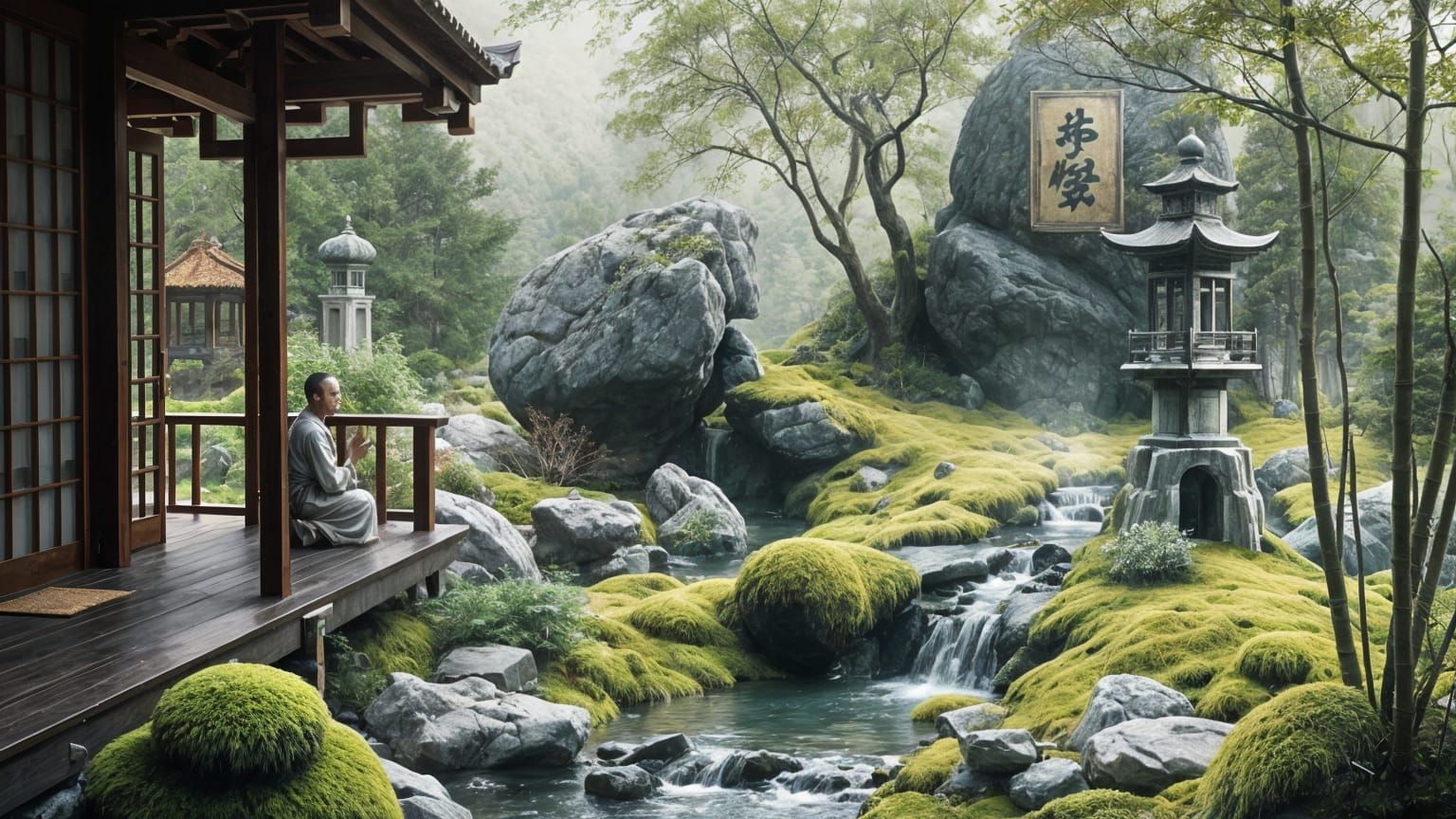 Serene Taoist Monk in Moss Garden Digital Matte Painting