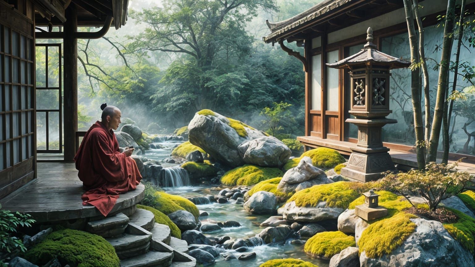 Taoist Monk Meditates by Serene Japanese Garden