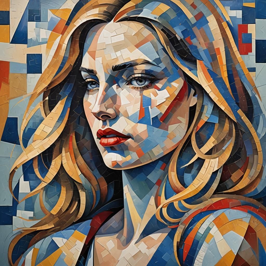 Cubist Woman Portrait with Geometric Forms