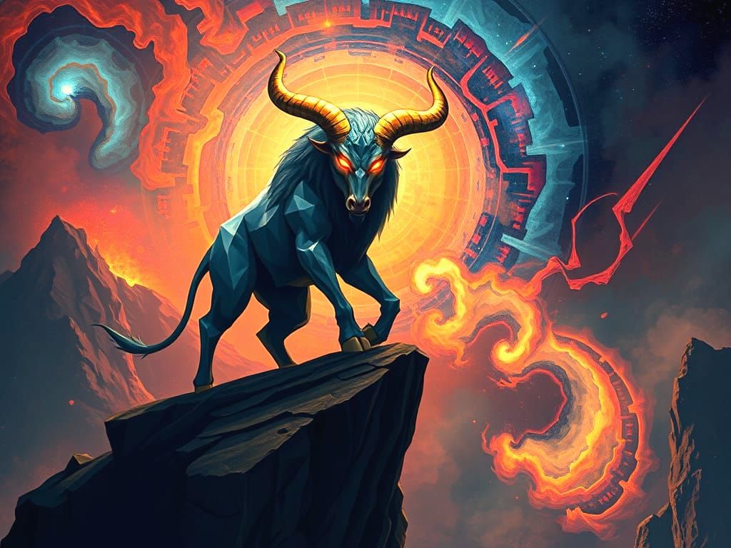 Geometric Minotaur Overlooking Cosmic Nebula