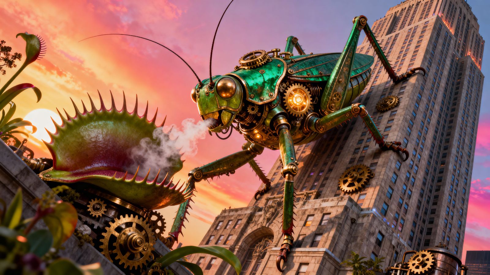 Steampunk Venus Flytrap-Grasshopper Attacks Empire State Bui...