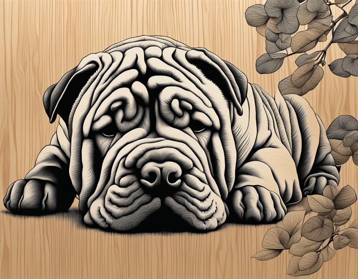 Shar-Pei Dog: Japanese-Style Charcoal Abstract Art