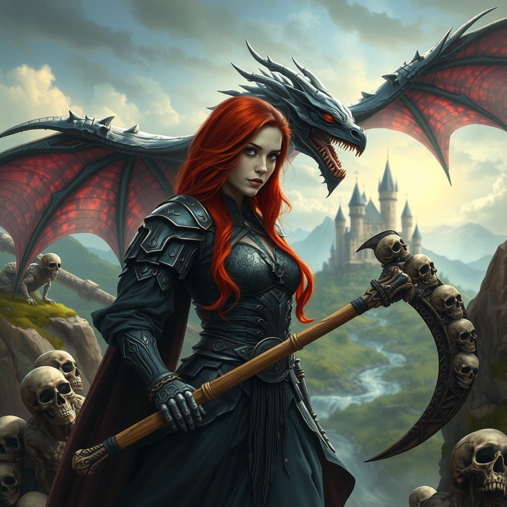 Surreal Fantasy Realm with Dragon Soaring Above a Castle