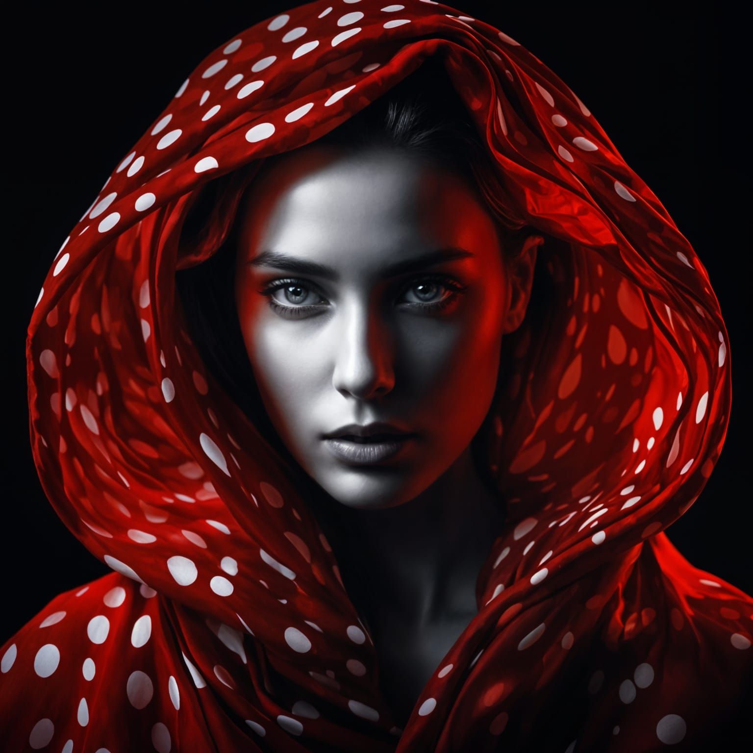 Woman in Polka Dots, Red Silk, Jerry Uelsmann Style