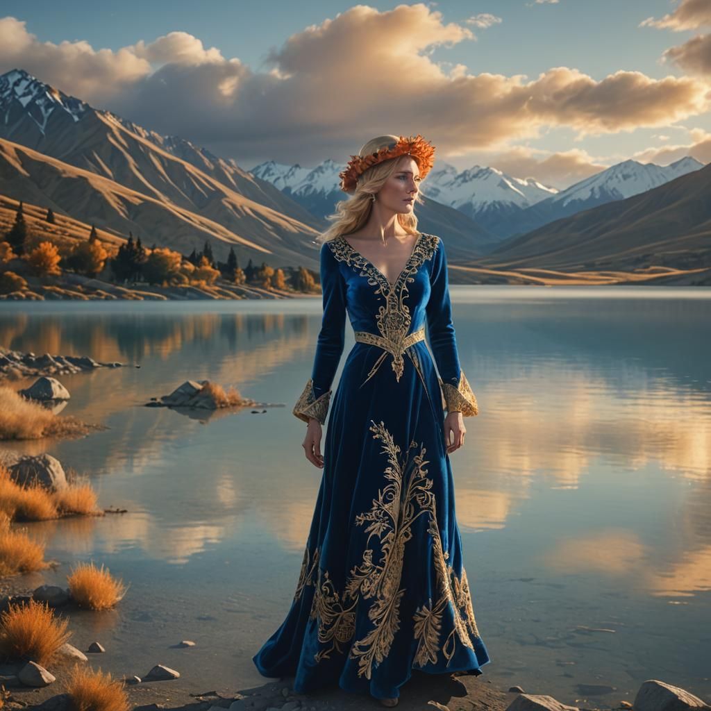 Ethereal Blonde Woman in Blue Gown by Lake Tekapo