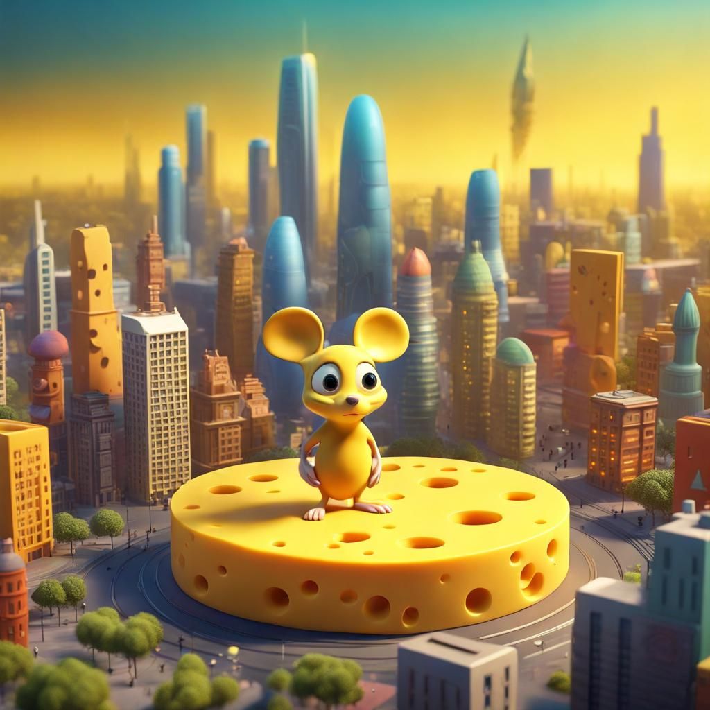 Cheese City with Mouse, Pixar-Style 3D Art