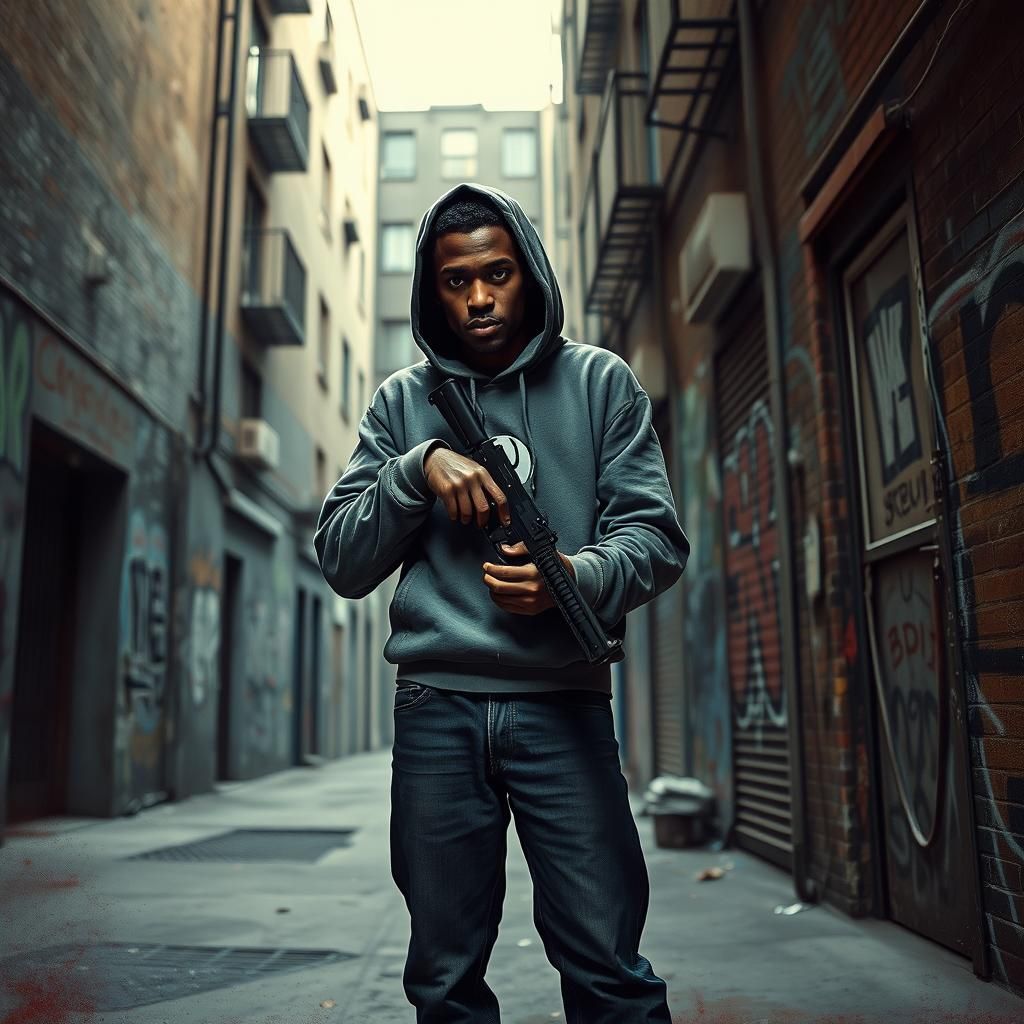 Urban Grit: Young Man with Gun in Alleyway