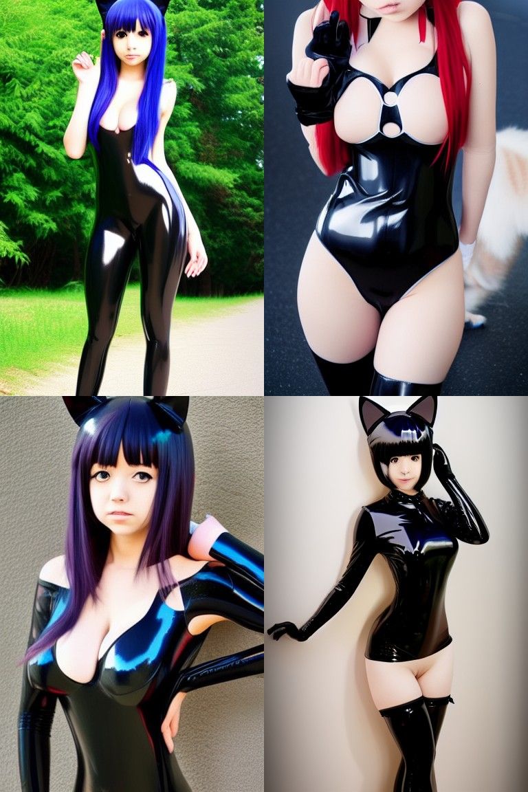 Anime Girl with Cat Ears in Latex Suit
