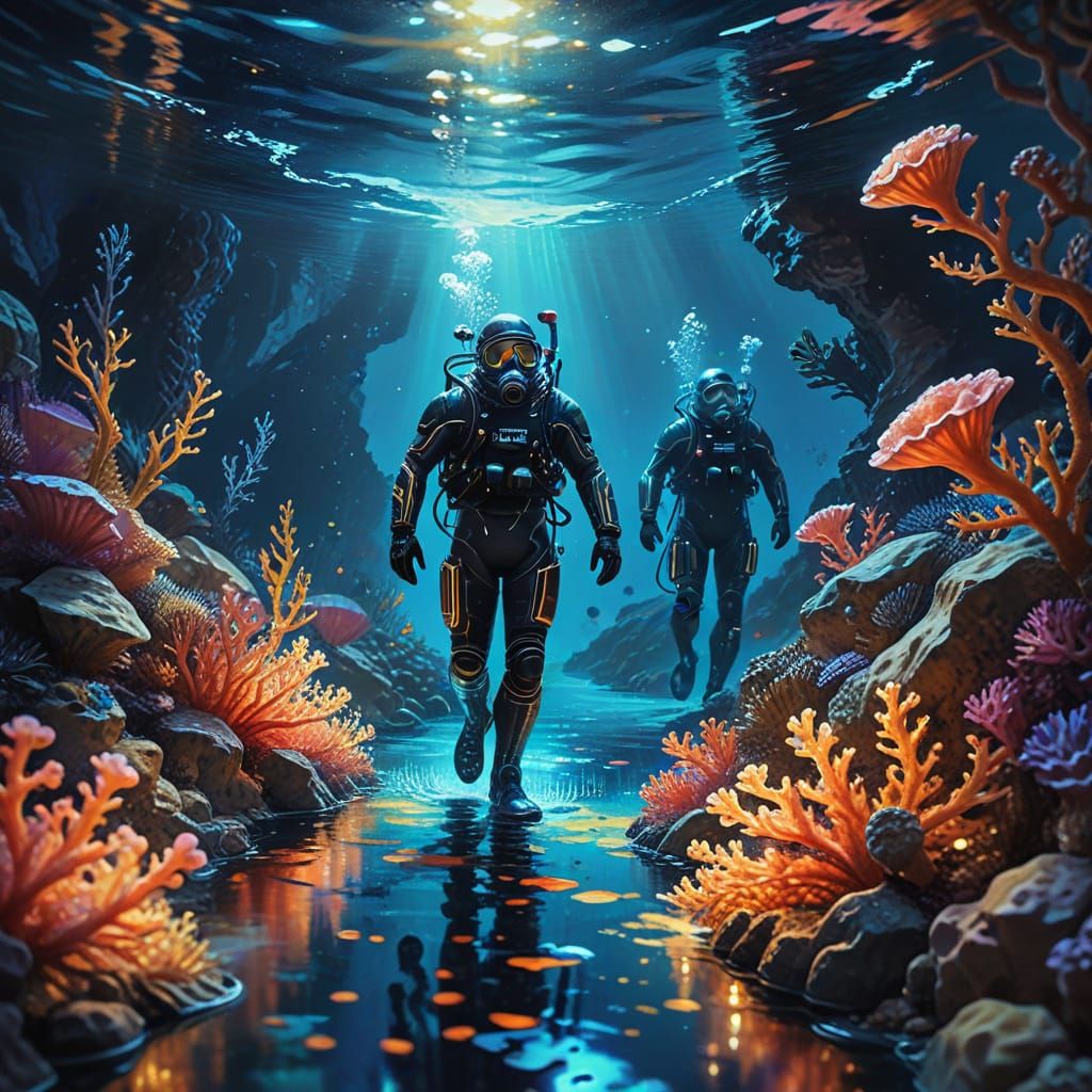 Underwater City with Divers in Impressionistic Style