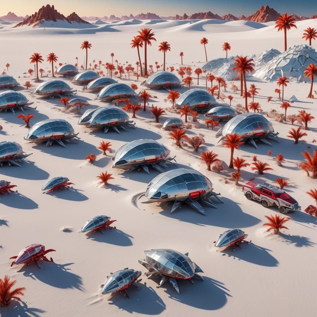 Crystal Alien Vehicles in White Desert Landscape