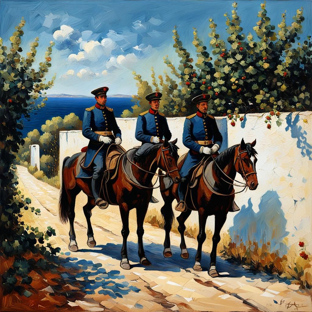Carabinieri Patrol on Horseback in Impressionist Style