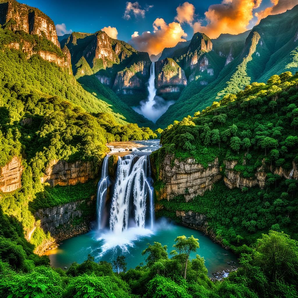 Majestic Tamul Waterfall at Sunset in 3D
