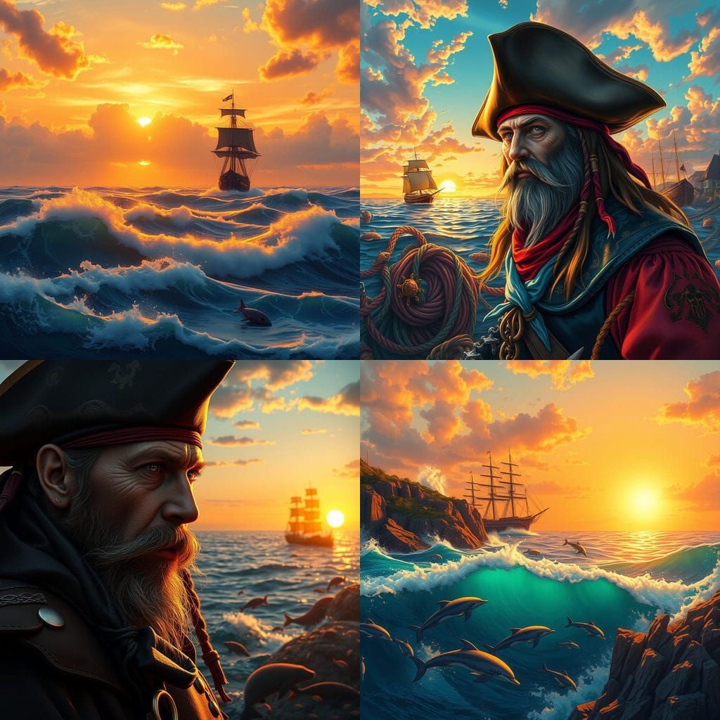 Vibrant Nova Scotia Coastal Scene with Pirate Ship in Sunset