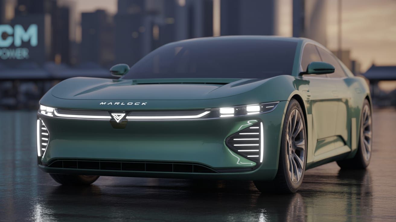 Futuristic 2027 Marlock Stratoscape EV in Cityscape