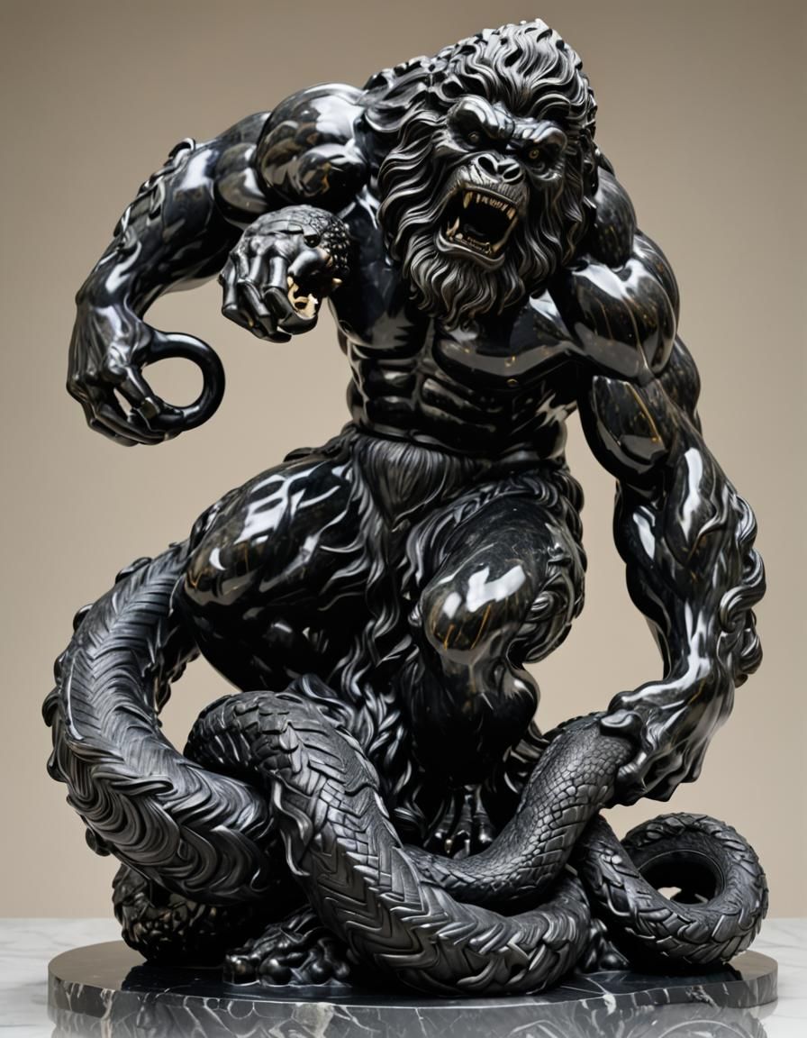 A Yeti wrestling with a giant snake.