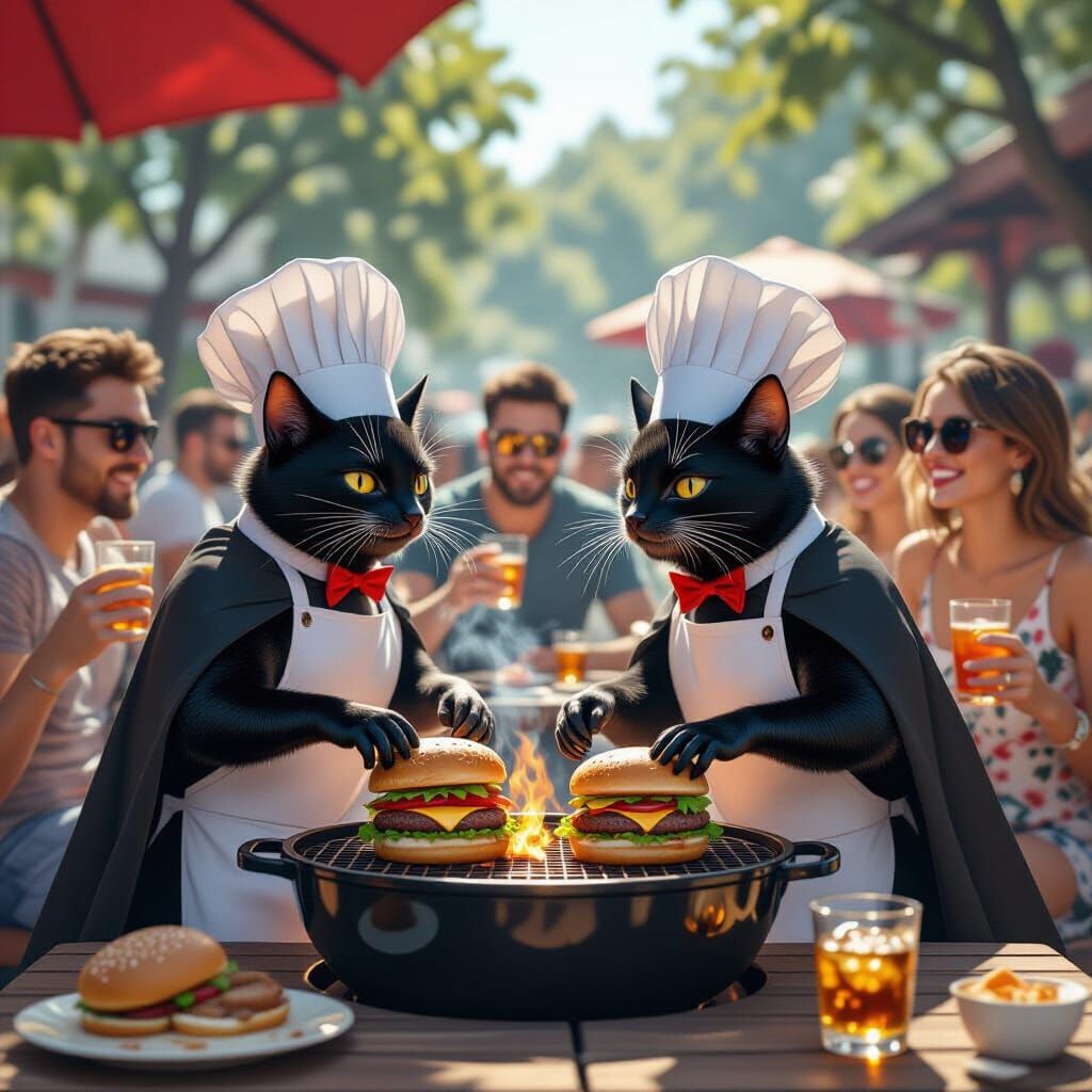 Barbecue Scene with Bats in Chef Hats, Loish Style