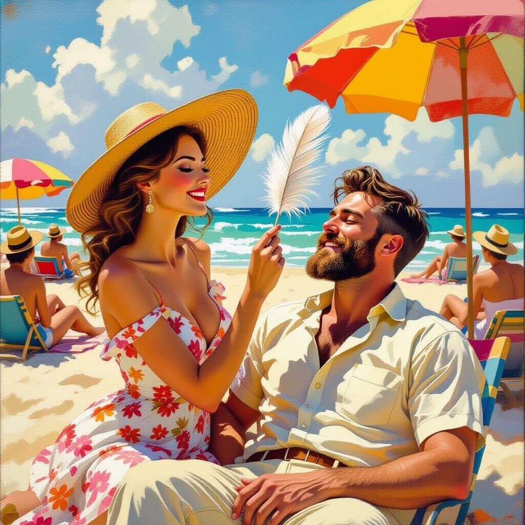 Sunny Beach Tickle Fight: An Impressionist Oil Painting