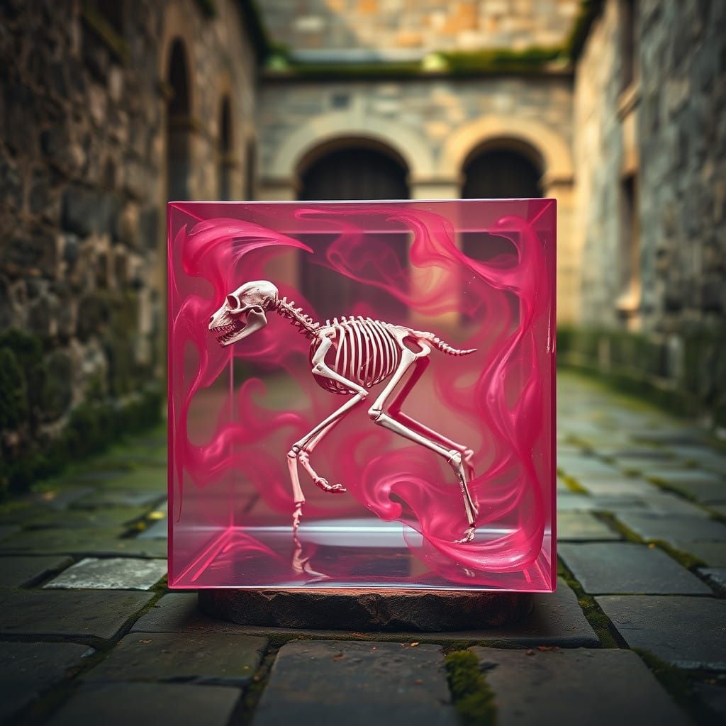 Eerie Canine Skeleton in Rose-Red Gelatinous Cube