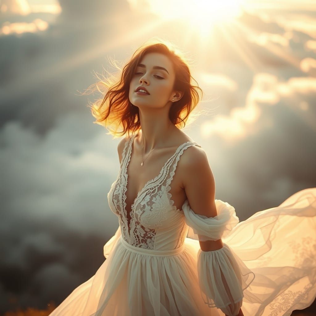 Woman in White Dress in Dreamy Landscape