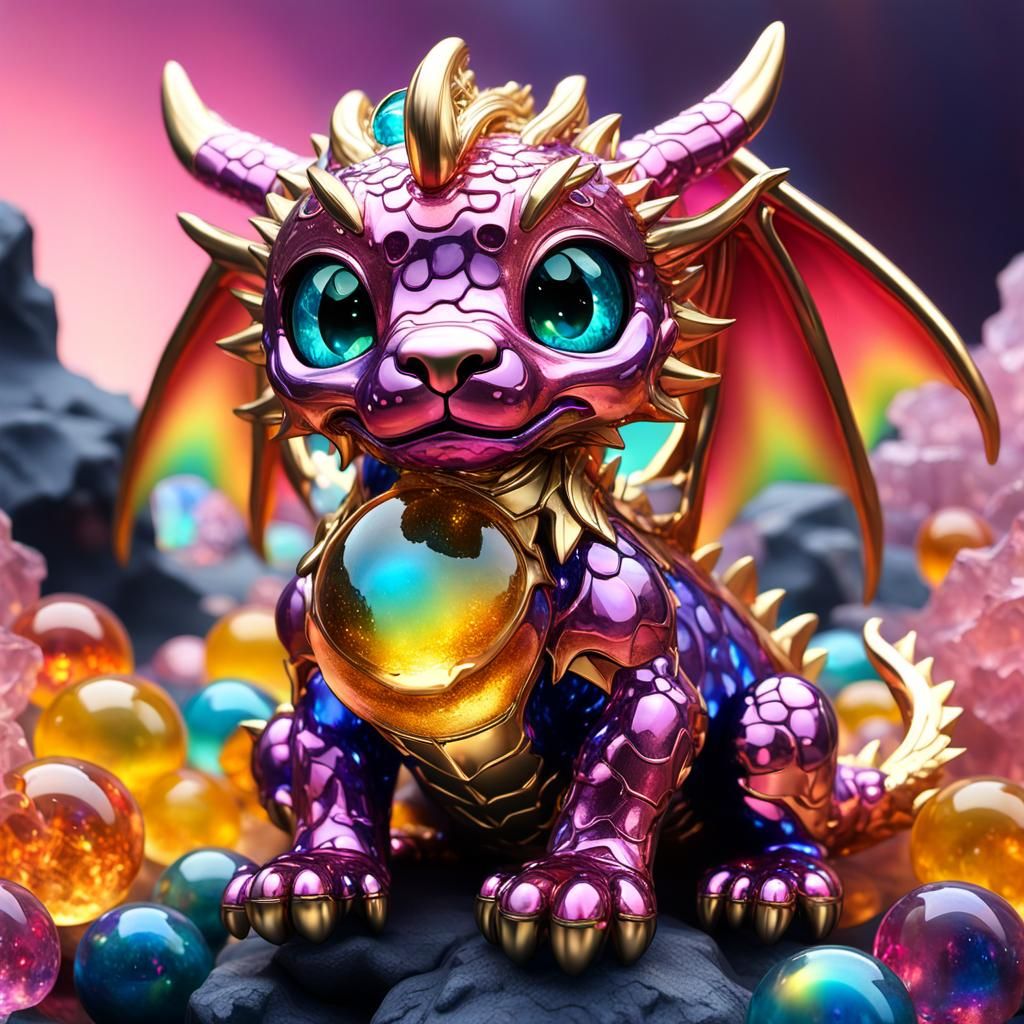Adorable Dragon-Dog Hybrid on Rainbow Marbles
