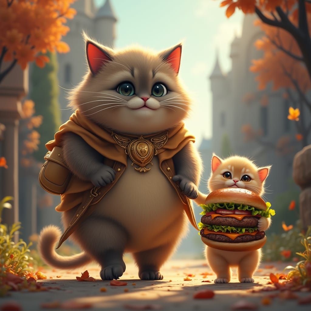 Regal Cat and Kitten Share Whimsical Burger Picnic