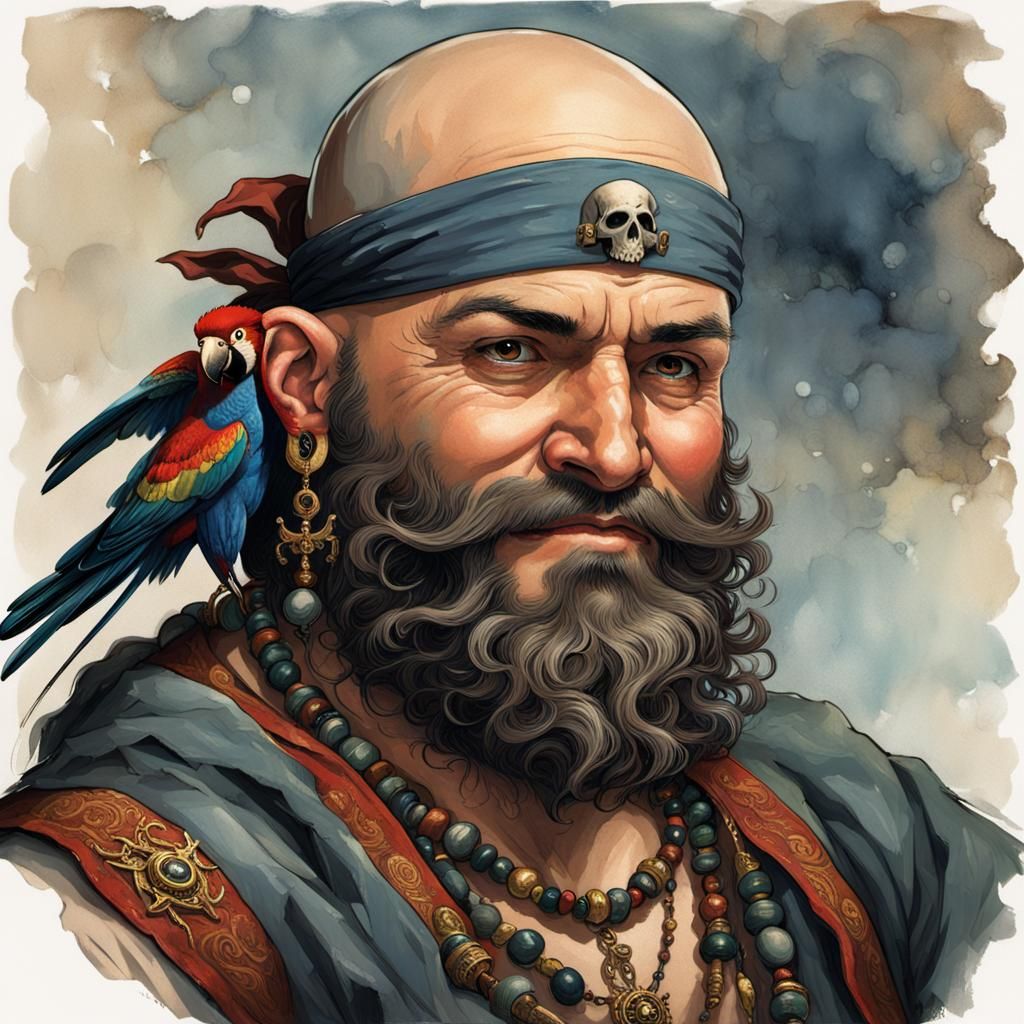 Dwarf Pirate with Macaw in Horror Style