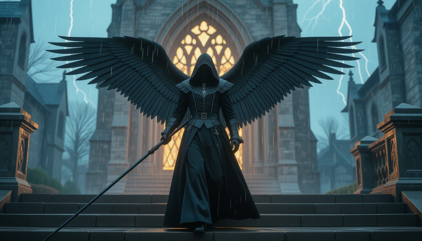 Victorian Angel Walking in Rain, Hyperrealistic Style