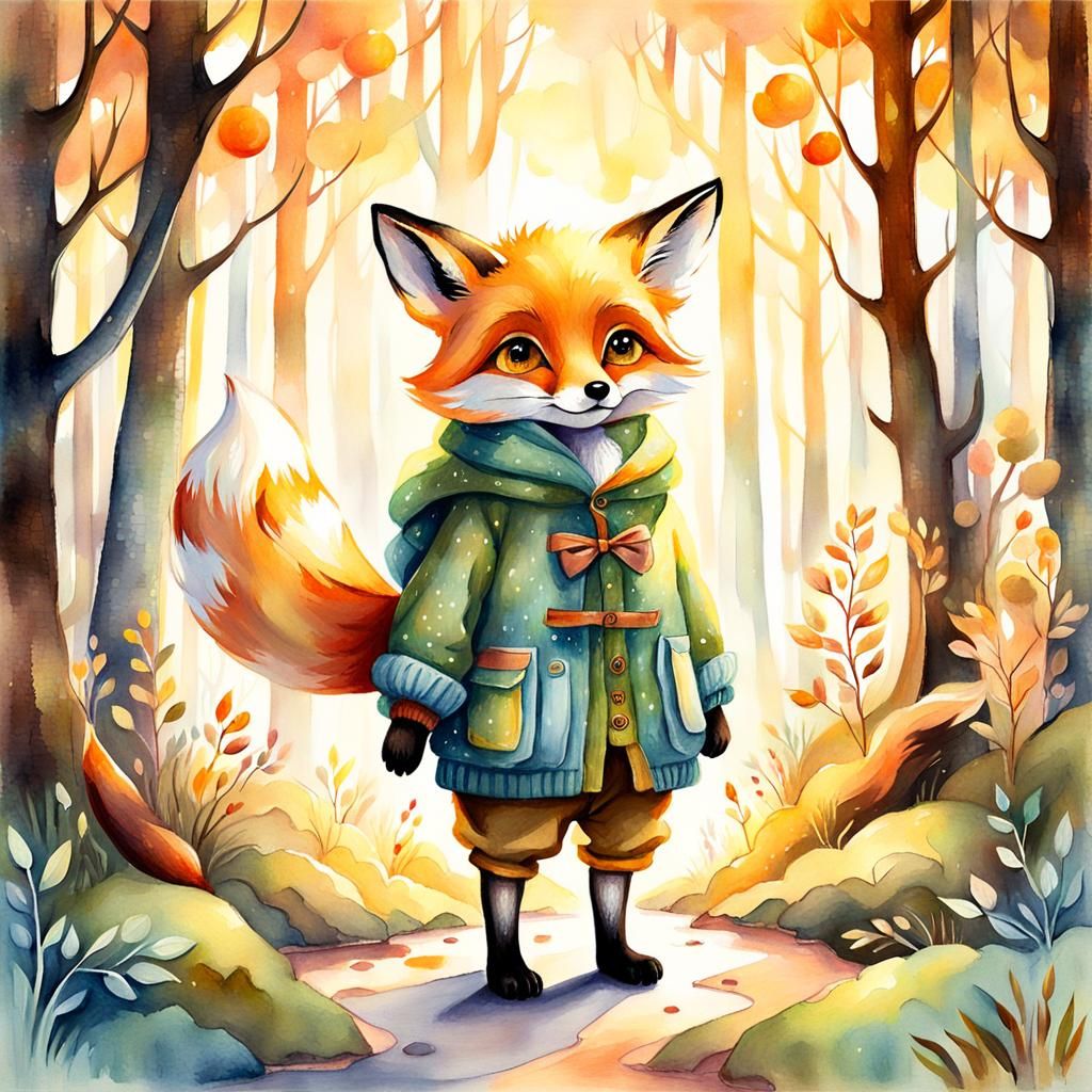 Fox in Mythical Forest: Oil Painting with Watercolor Texture...