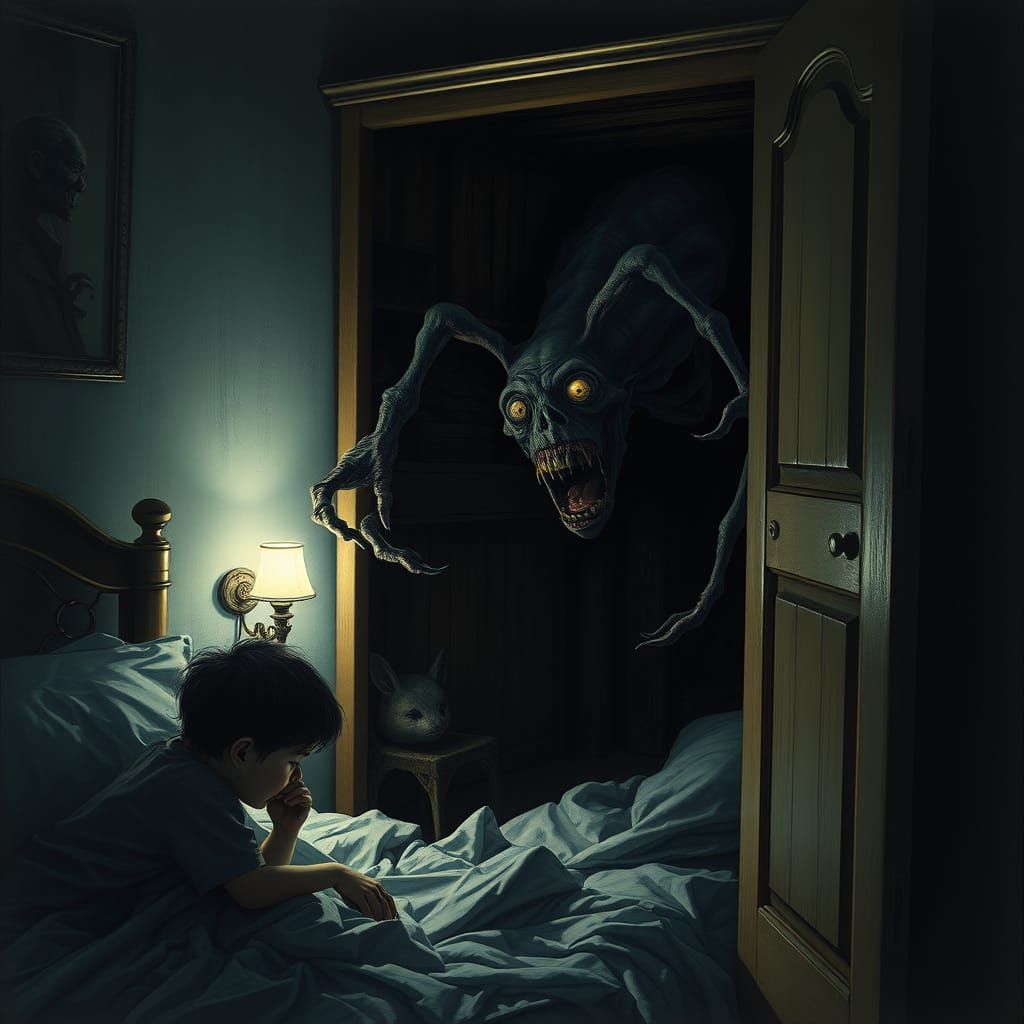Child Frightened in Dark Bedroom Scene