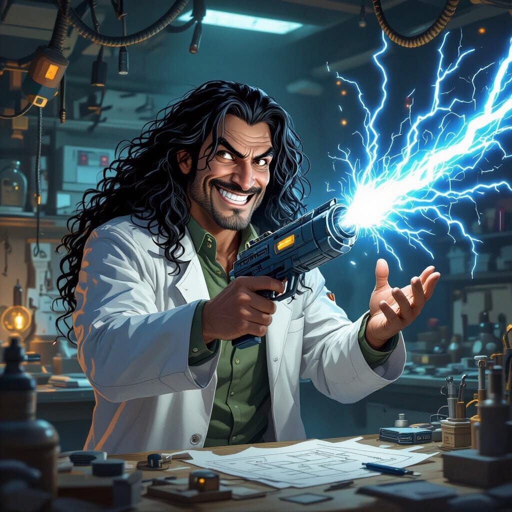 Scientist Unveils Lightning Weapon in Cluttered Lab