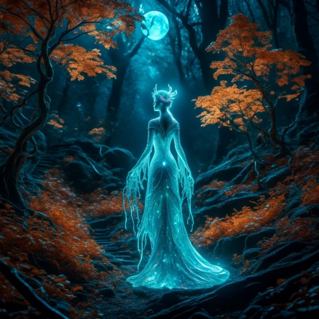 Bioluminescent Victorian Ghost in Haunted Forest