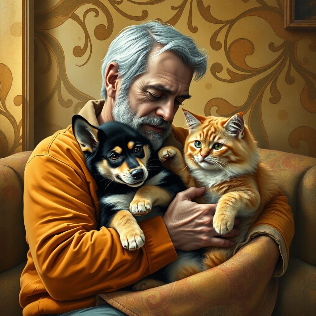 Man Cuddling Pets in Art Nouveau Impasto Style