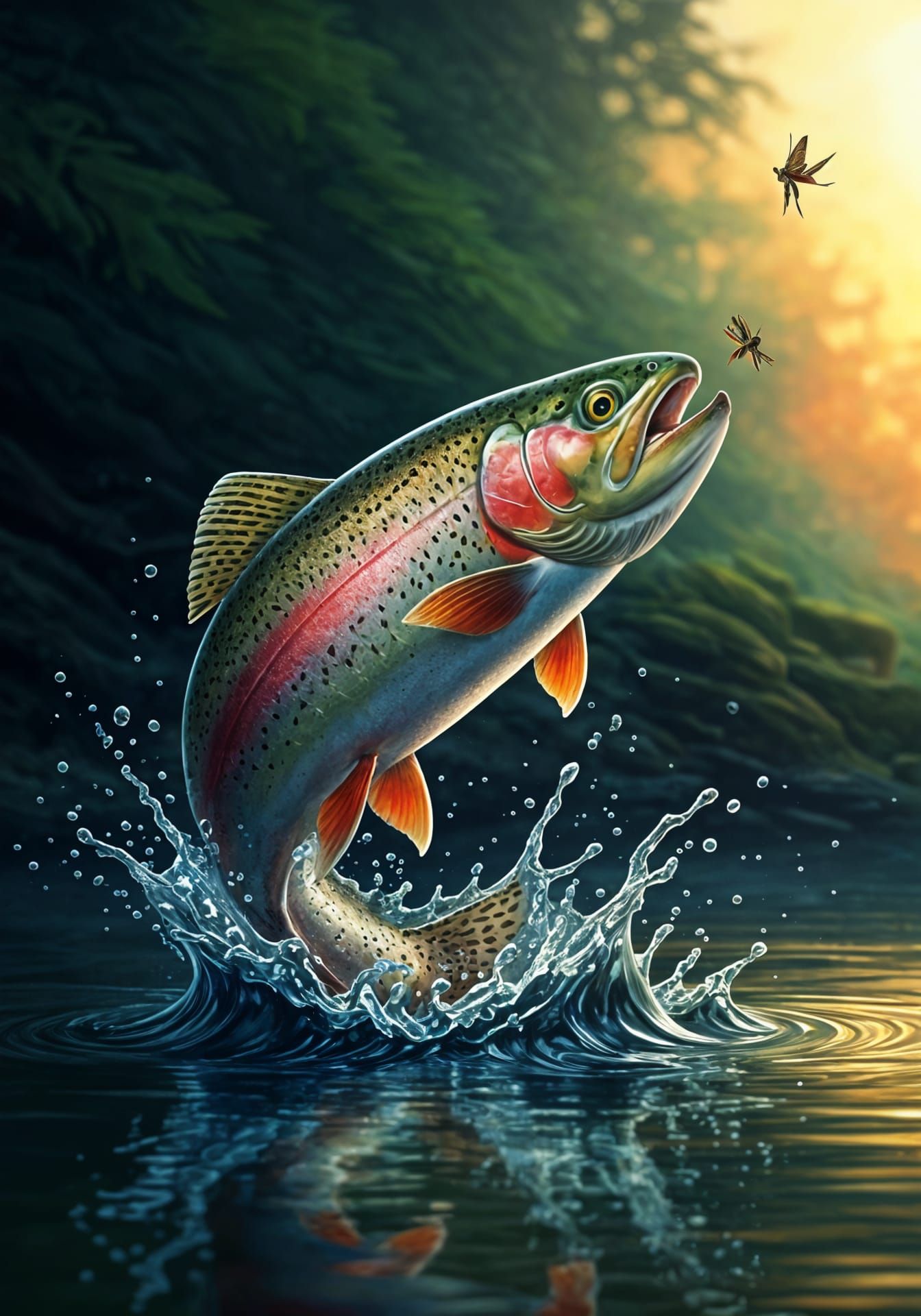Rainbow Trout Leaping: Hyperrealistic Splash Art
