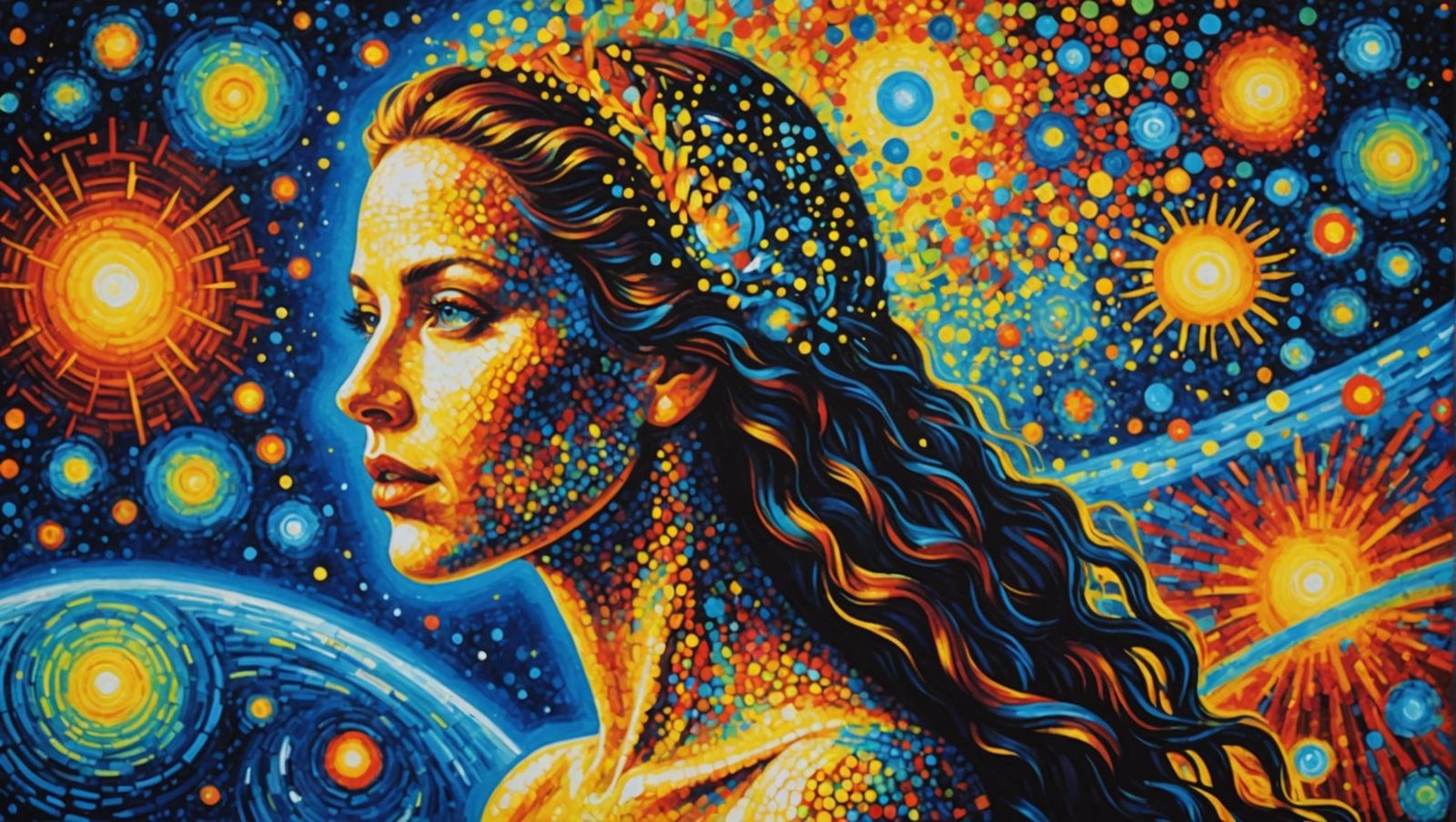 Goddess Android Living in Virtual Reality: Pointillism Style