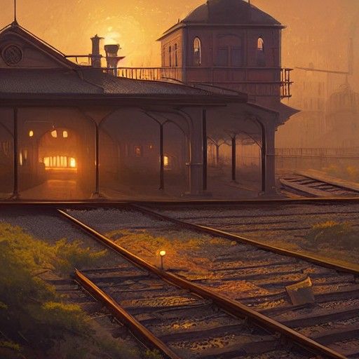 Smoky Railway Station in Golden Hour: Digital Art
