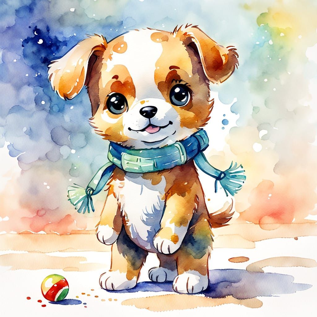 Adorable Toy Dog Cub in Watercolor Sketch Style