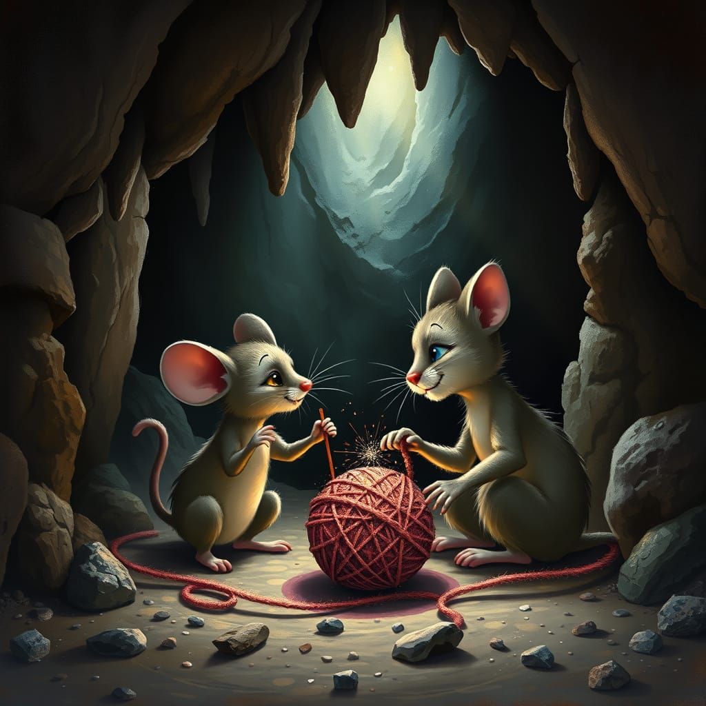 Cat and Mouse Play with Glittery Yarn in Realistic Cave