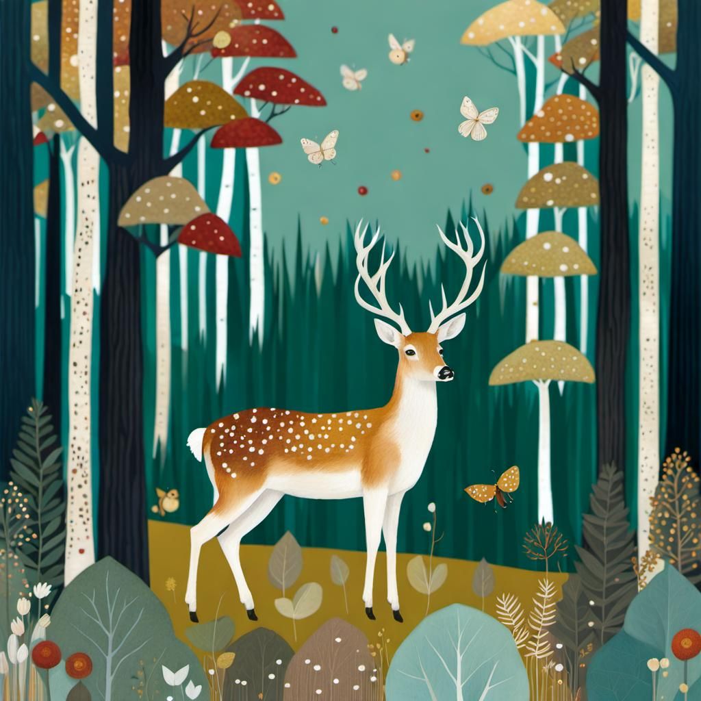 Autumn Deer in a Klimt-Inspired Mixed Media Collage