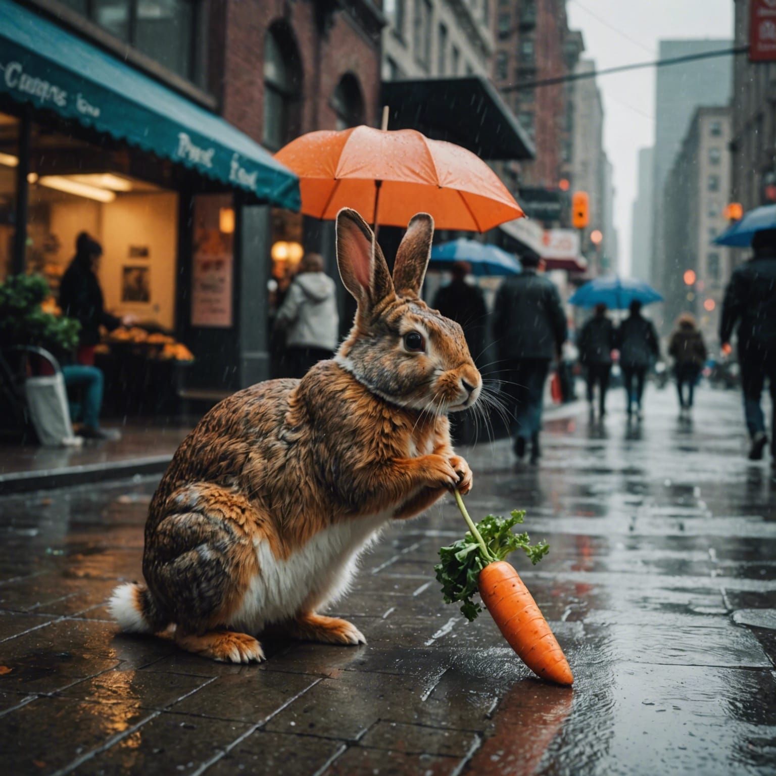 Bunny Eating Carrot in Rainy City, Cinematic Still