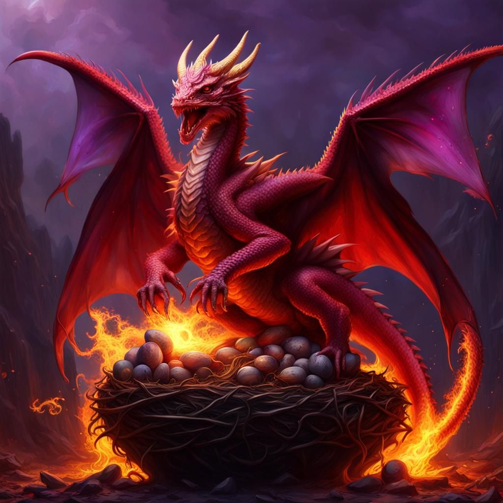 Fiery Dragon on Egg Nest: Dark Fantasy Art