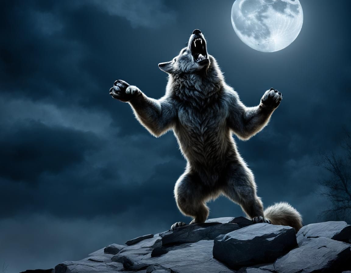 Amarok Werewolf Howling at Moon, Fantasy Illustration