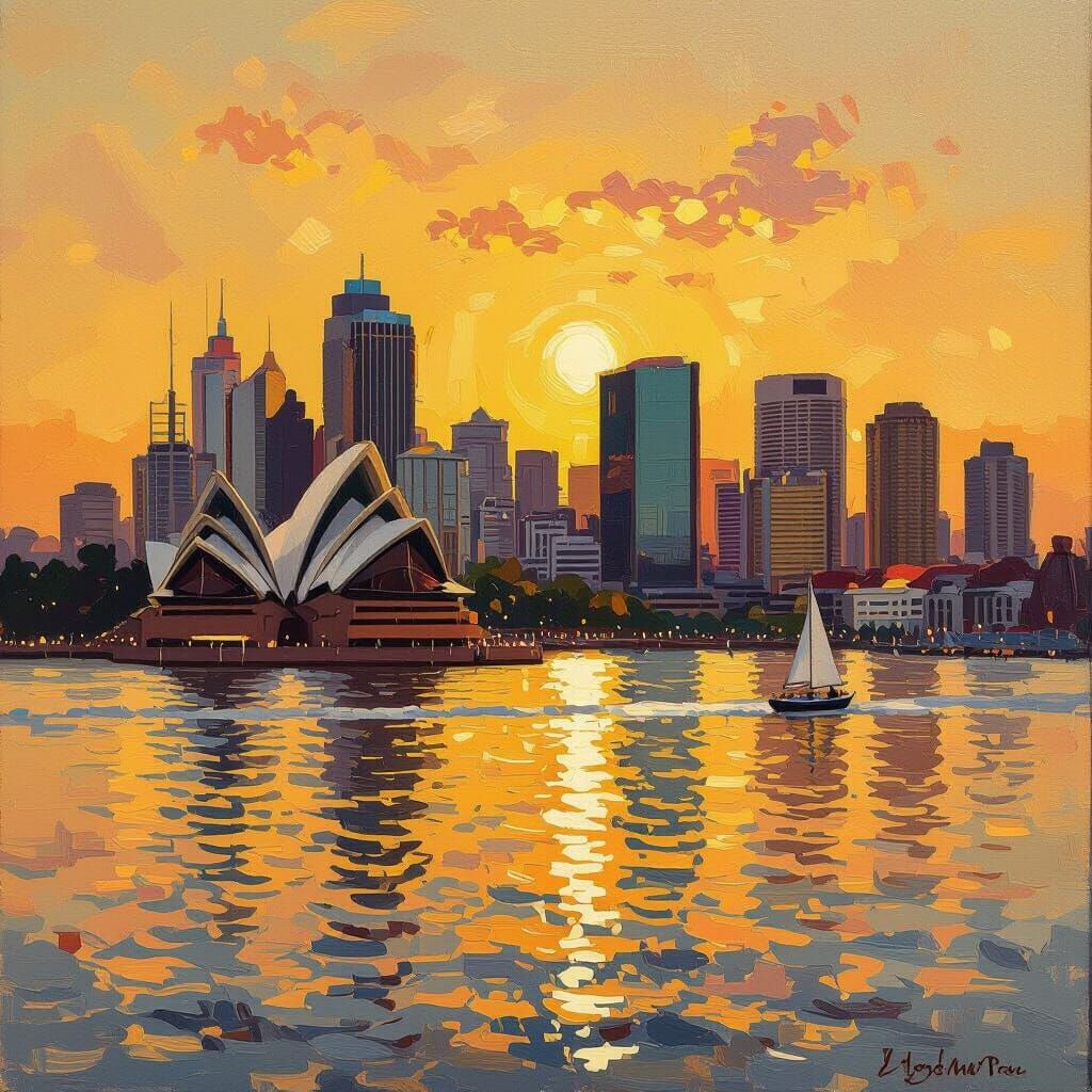Sydney Opera House at Golden Hour: Impressionist Style