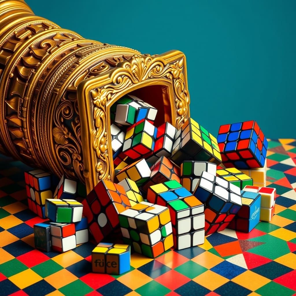 Whimsical Still Life of Colorful Rubik's Cubes in a Golden C...