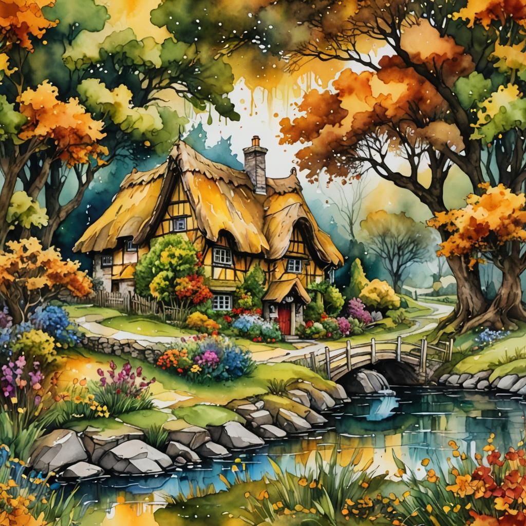 Cozy Thatched Cottage in Golden Alcohol Ink Splash