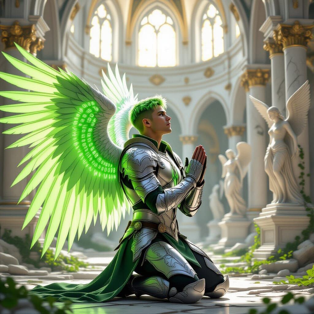 Angel in Prayer Amidst Cathedral Ruins