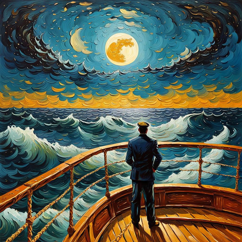 Captain on Golden Ocean in Expressionist Style