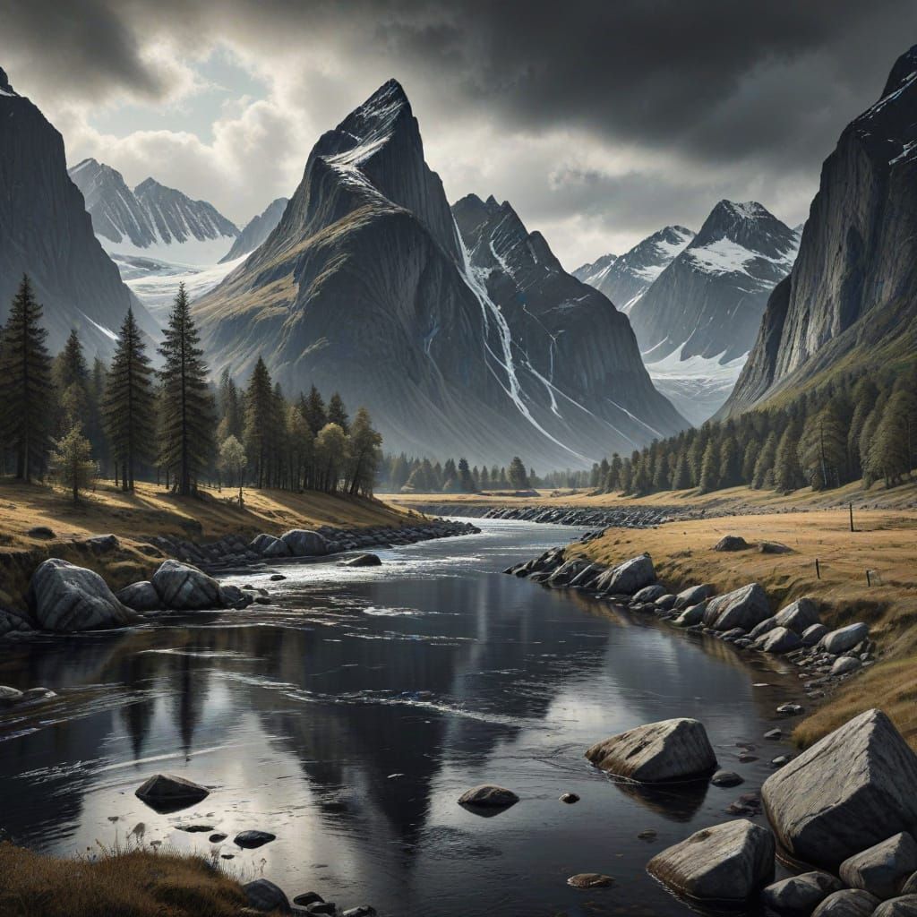 Hyperdetailed Charcoal Landscape of Innlandet County, Norway