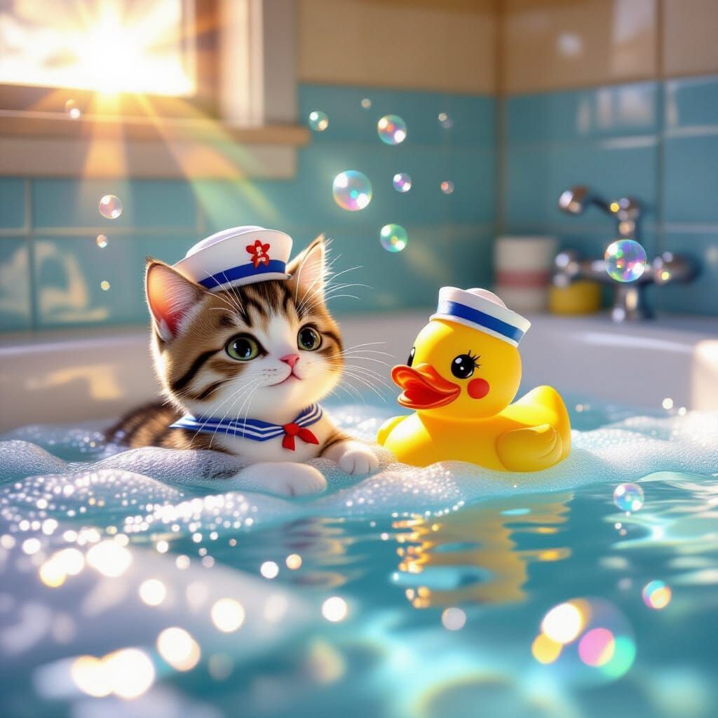 Kawaii Cat and Rubber Ducky Splash in Rainbow Bubbles